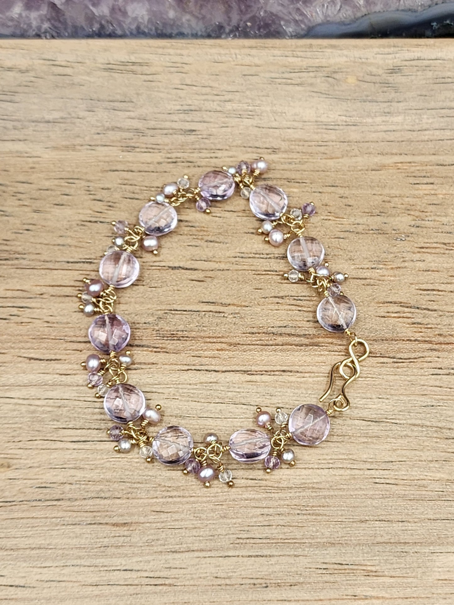 14k Gold-filled Pink Amethyst Coin link Bracelet, featuring Mauve and Silver freshwater pearls, lavender Amethyst, & Rose Quartz Gemstones