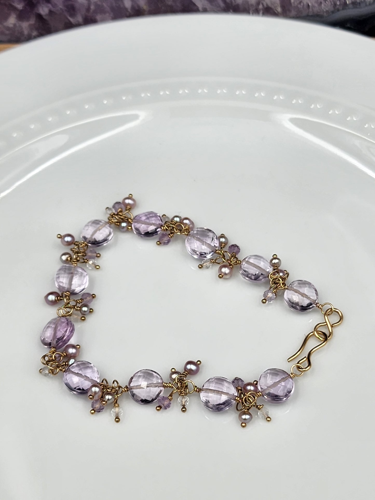 14k Gold-filled Pink Amethyst Coin link Bracelet, featuring Mauve and Silver freshwater pearls, lavender Amethyst, & Rose Quartz Gemstones