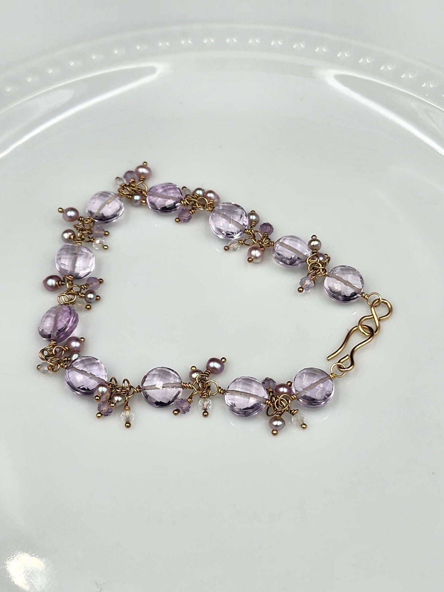 14k Gold-filled Pink Amethyst Coin link Bracelet, featuring Mauve and Silver freshwater pearls, lavender Amethyst, & Rose Quartz Gemstones