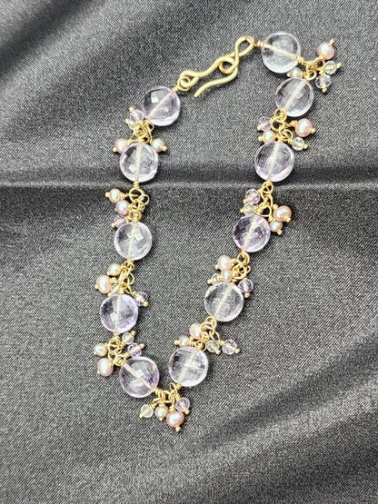 14k Gold-filled Pink Amethyst Coin link Bracelet, featuring Mauve and Silver freshwater pearls, lavender Amethyst, & Rose Quartz Gemstones