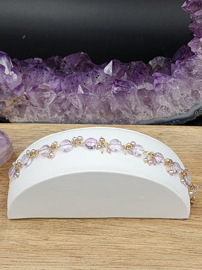 14k Gold-filled Pink Amethyst Coin link Bracelet, featuring Mauve and Silver freshwater pearls, lavender Amethyst, & Rose Quartz Gemstones