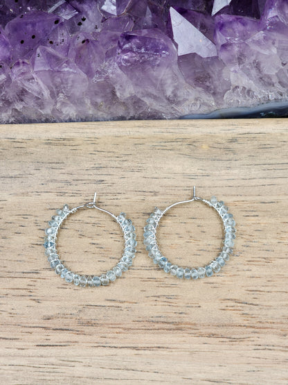 White Gold Filled & Sterling Silver 30 mm Aquamarine Hoop Earrings