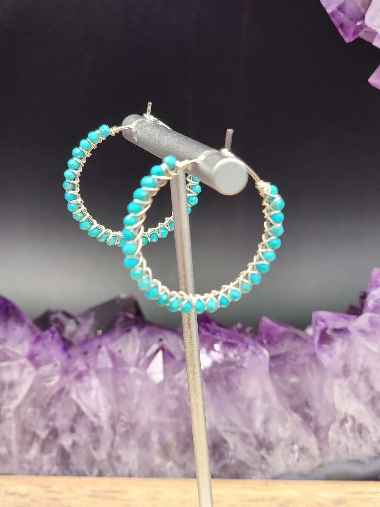 30 mm Sleeping Beauty Turquoise Gemstone Hoop Earrings  on 14k White or Yellow Gold Filled Hoop Earwires