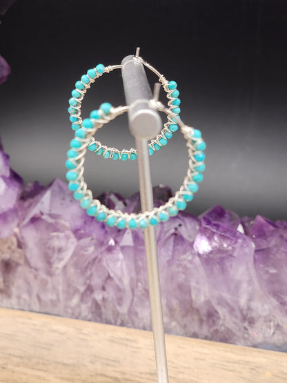 30 mm Sleeping Beauty Turquoise Gemstone Hoop Earrings  on 14k White or Yellow Gold Filled Hoop Earwires