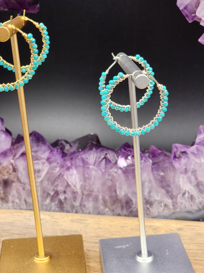 30 mm Sleeping Beauty Turquoise Gemstone Hoop Earrings  on 14k White or Yellow Gold Filled Hoop Earwires