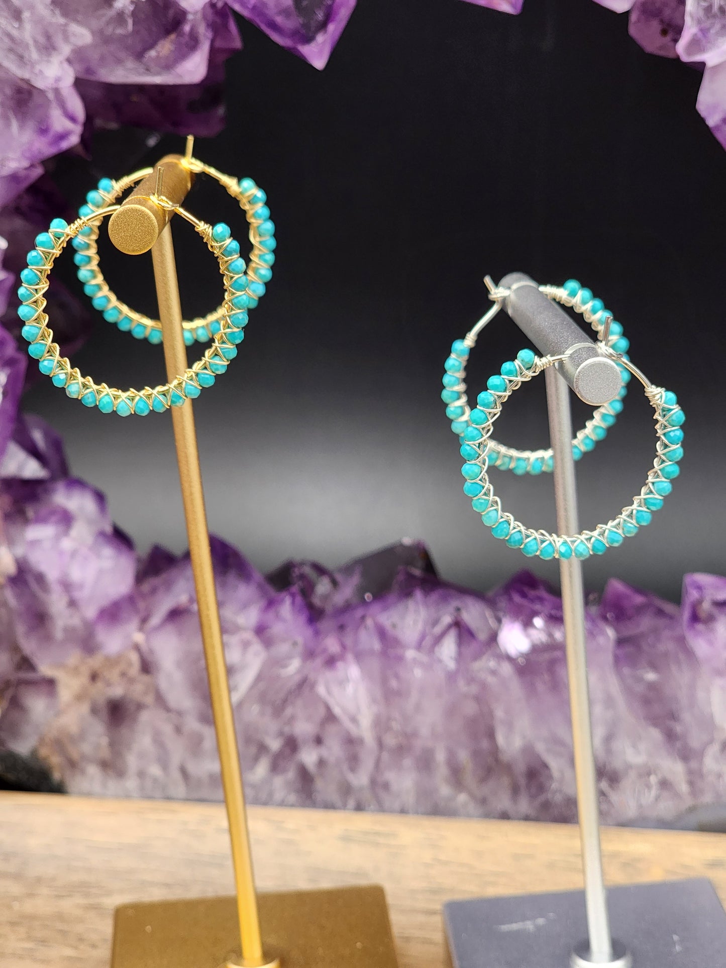 30 mm Sleeping Beauty Turquoise Gemstone Hoop Earrings  on 14k White or Yellow Gold Filled Hoop Earwires