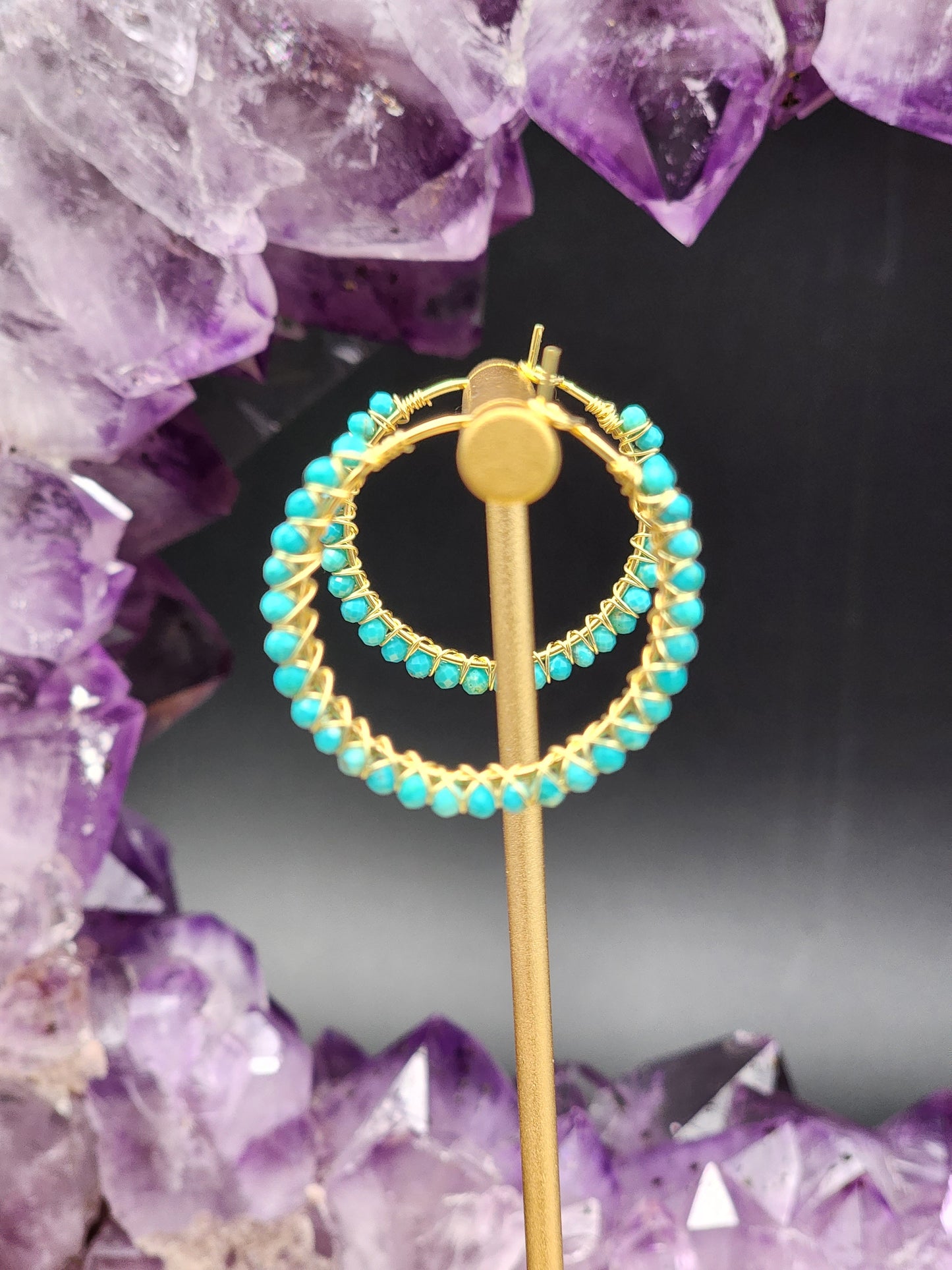 30 mm Sleeping Beauty Turquoise Gemstone Hoop Earrings  on 14k White or Yellow Gold Filled Hoop Earwires