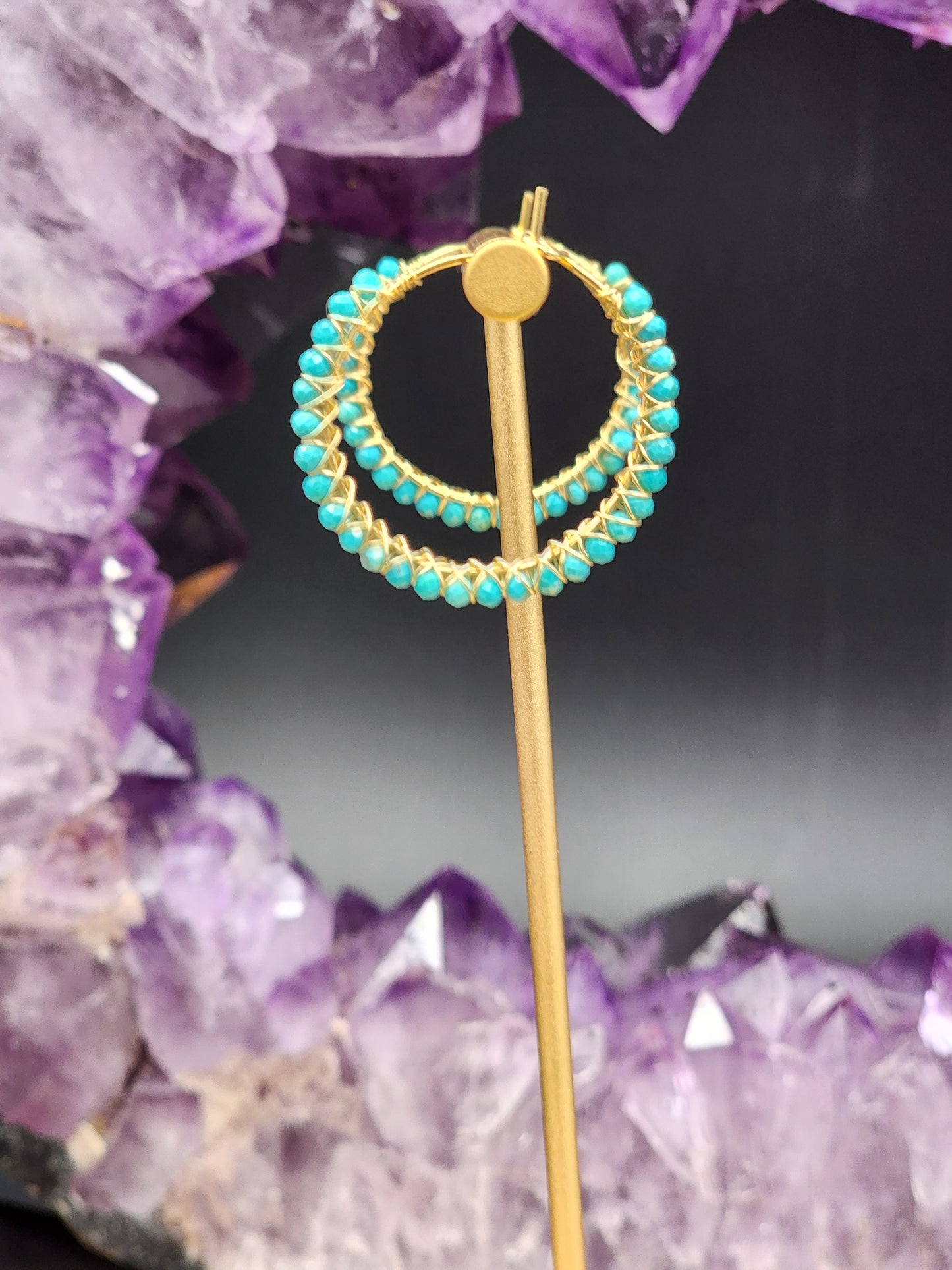 30 mm Sleeping Beauty Turquoise Gemstone Hoop Earrings  on 14k White or Yellow Gold Filled Hoop Earwires