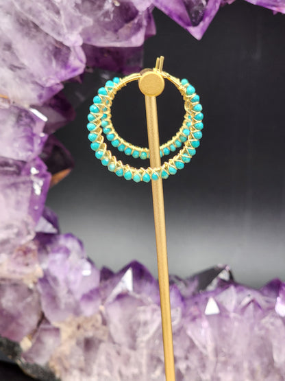 30 mm Sleeping Beauty Turquoise Gemstone Hoop Earrings  on 14k White or Yellow Gold Filled Hoop Earwires