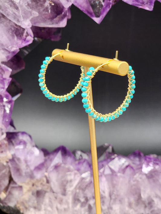 30 mm Sleeping Beauty Turquoise Gemstone Hoop Earrings  on 14k White or Yellow Gold Filled Hoop Earwires