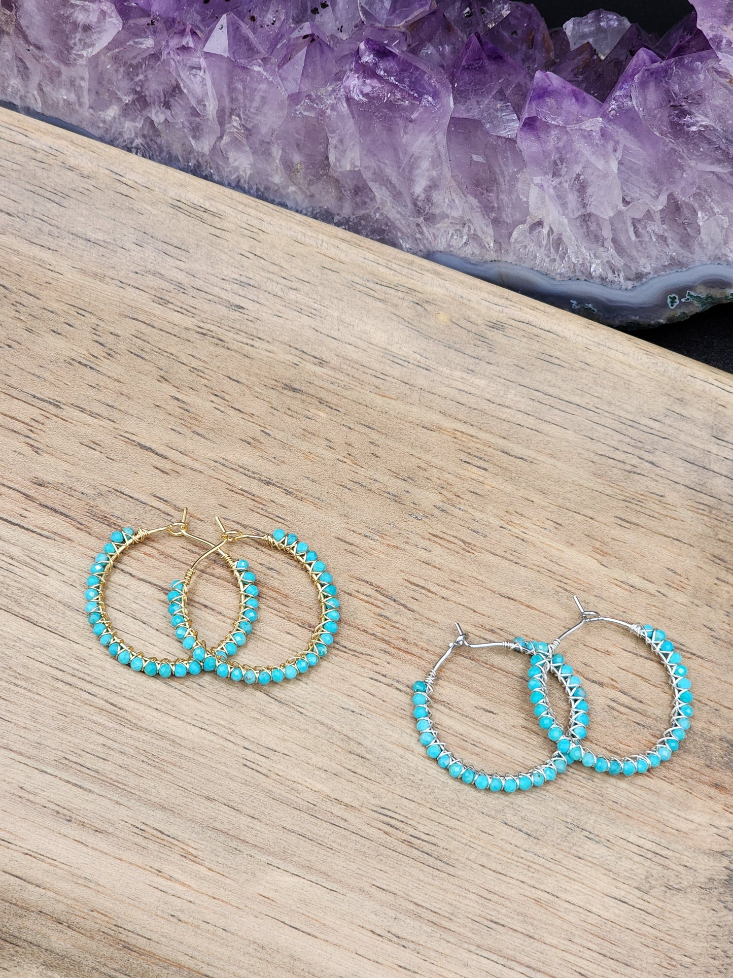 30 mm Sleeping Beauty Turquoise Gemstone Hoop Earrings  on 14k White or Yellow Gold Filled Hoop Earwires