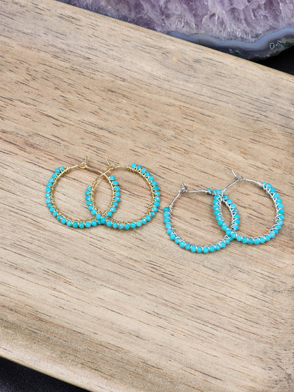 30 mm Sleeping Beauty Turquoise Gemstone Hoop Earrings  on 14k White or Yellow Gold Filled Hoop Earwires