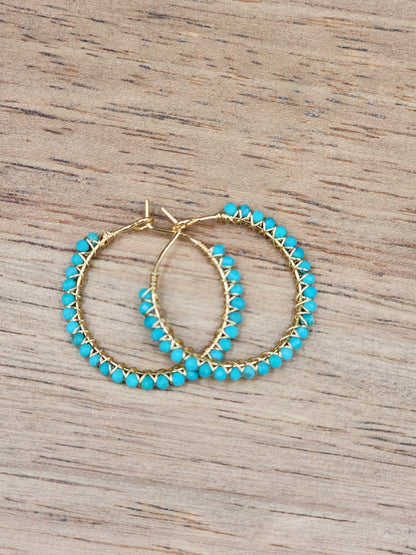 30 mm Sleeping Beauty Turquoise Gemstone Hoop Earrings  on 14k White or Yellow Gold Filled Hoop Earwires