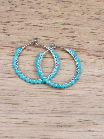 30 mm Sleeping Beauty Turquoise Gemstone Hoop Earrings  on 14k White or Yellow Gold Filled Hoop Earwires