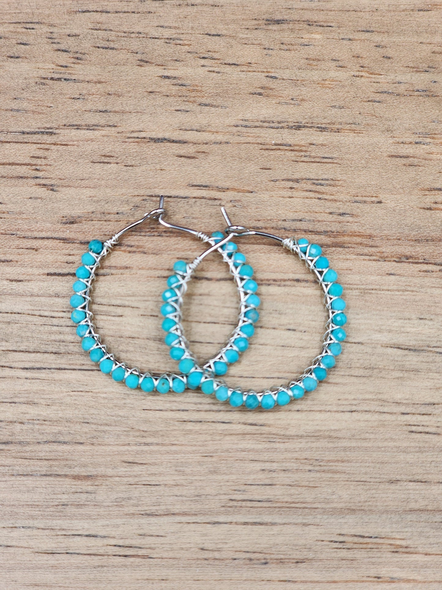 30 mm Sleeping Beauty Turquoise Gemstone Hoop Earrings  on 14k White or Yellow Gold Filled Hoop Earwires