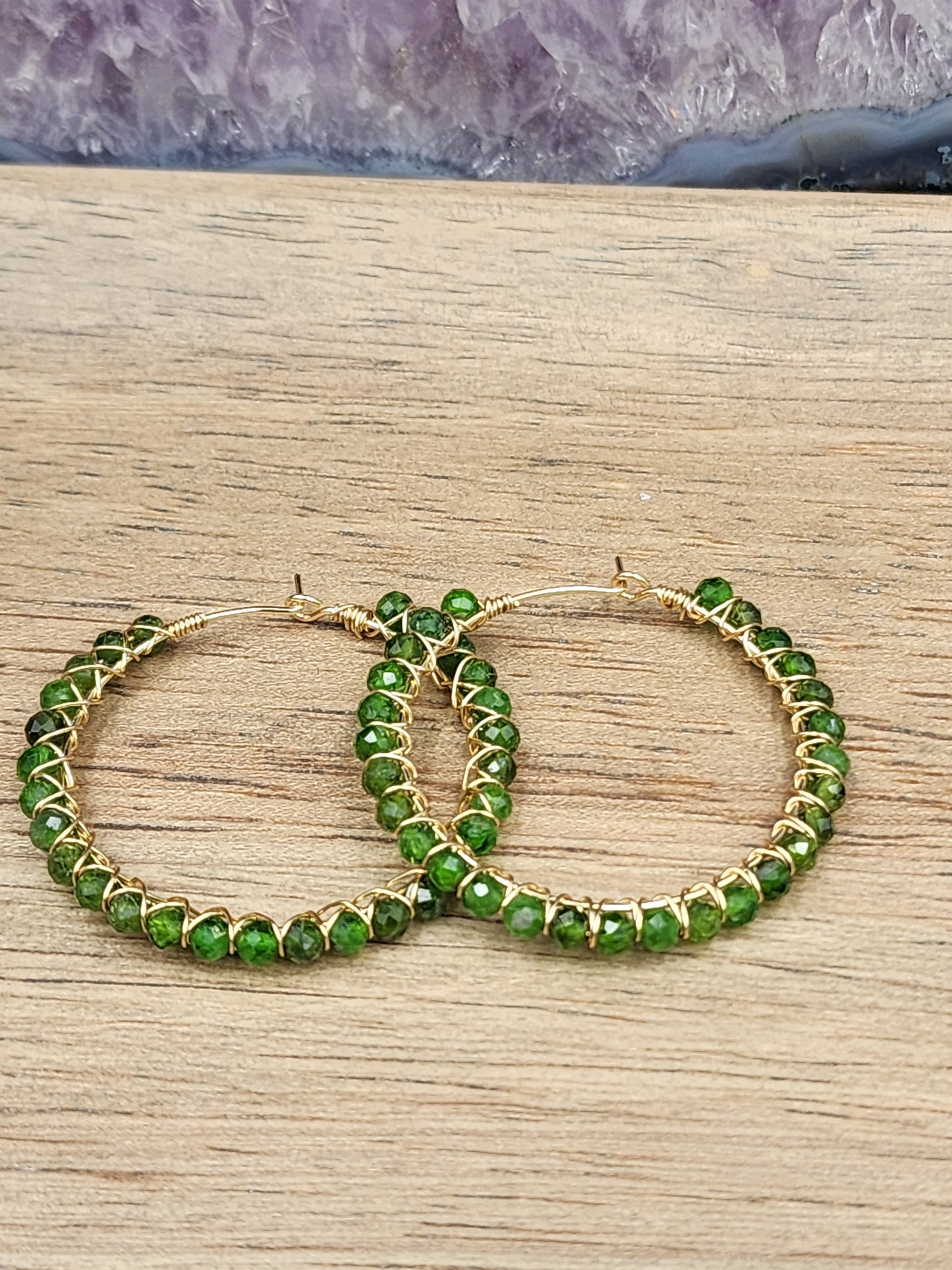 14k Gold Filled Chrome Diopside Gemstone Hoops Earrings, 40 mm hoops