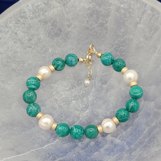 Green Russian Amazonite, Freshwater pearls & 14k Gold-filled adjustable bracelet