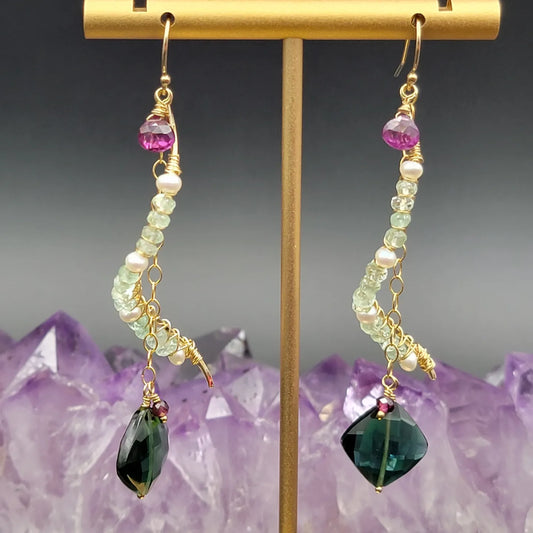 14k gold-filled Columbian Emerald, Freshwater Pearl, Rhodonite Garnet & Emerald Green Hydro Quartz Gemstone Earrings