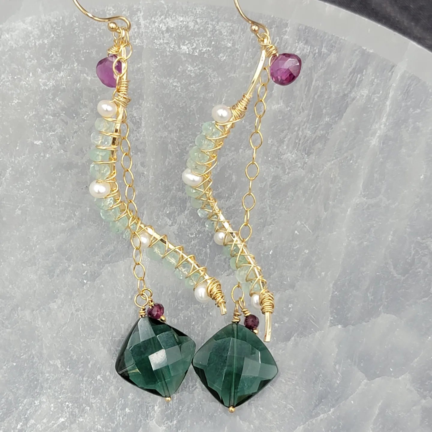 14k gold-filled Columbian Emerald, Freshwater Pearl, Rhodonite Garnet & Emerald Green Hydro Quartz Gemstone Earrings