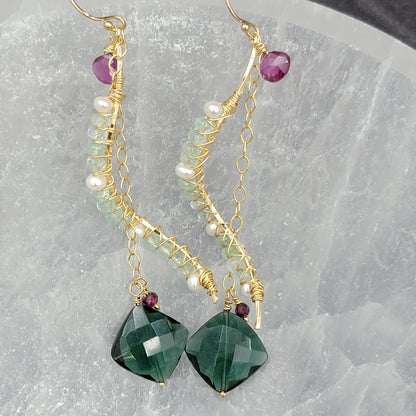 14k gold-filled Columbian Emerald, Freshwater Pearl, Rhodonite Garnet & Emerald Green Hydro Quartz Gemstone Earrings